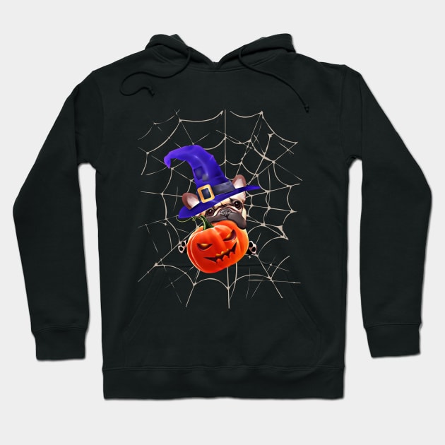 French bulldog, witch hat and Spider web, scary Halloween, jack pumpkin, spooky Hoodie by Collagedream